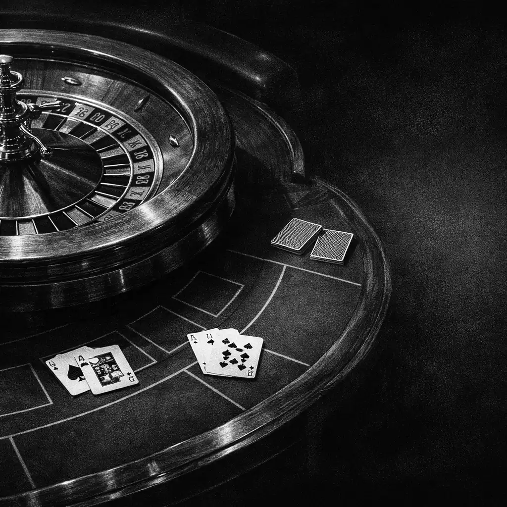 Rulettkerék és blackjack-asztal részlete sötét helyszíni környezetben